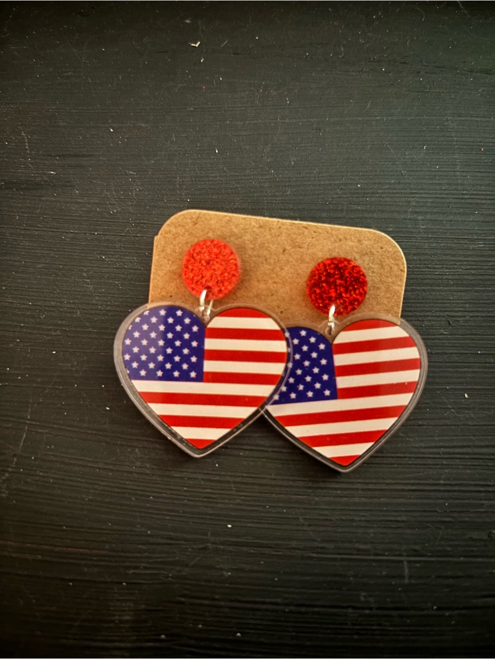American Flag Heart Dangle Earrings with Red Glitter Tops